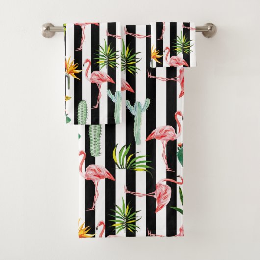  Zwart Wit Strepen met Flamingo Cactus Bad Handdoek (Insitu)