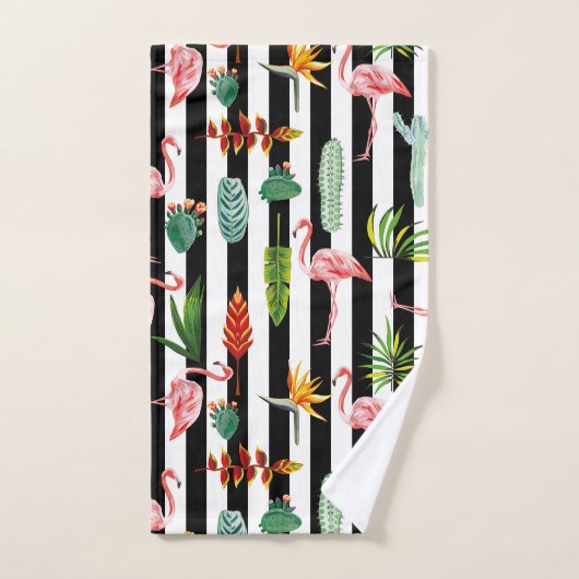  Zwart Wit Strepen met Flamingo Cactus Bad Handdoek (Handdoek)