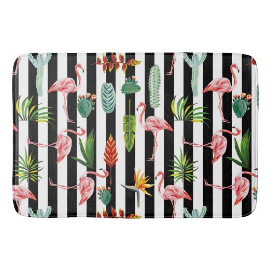 Zwart Wit Strepen met Flamingo Cactus Badmat (Voorkant)