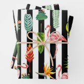 Zwart Wit Strepen met Flamingo Cactus Inpakpapier Vel (In situ)