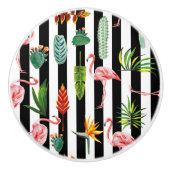 Zwart Wit Strepen met Flamingo Cactus Keramische Knop (Voorkant)