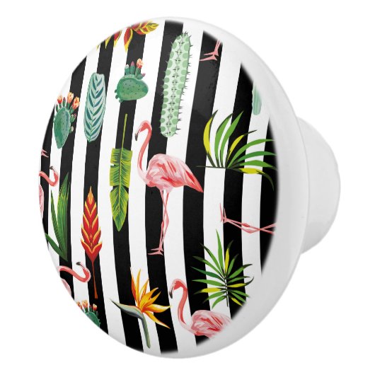 Zwart Wit Strepen met Flamingo Cactus Keramische Knop (Rechts)