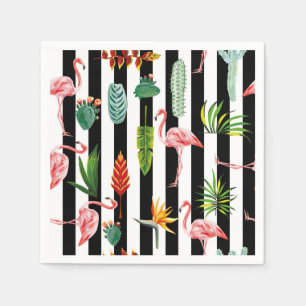 Zwart Wit Strepen met Flamingo Cactus Servet