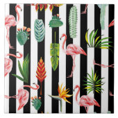  Zwart Wit Strepen met Flamingo Cactus Tegeltje (Voorkant)