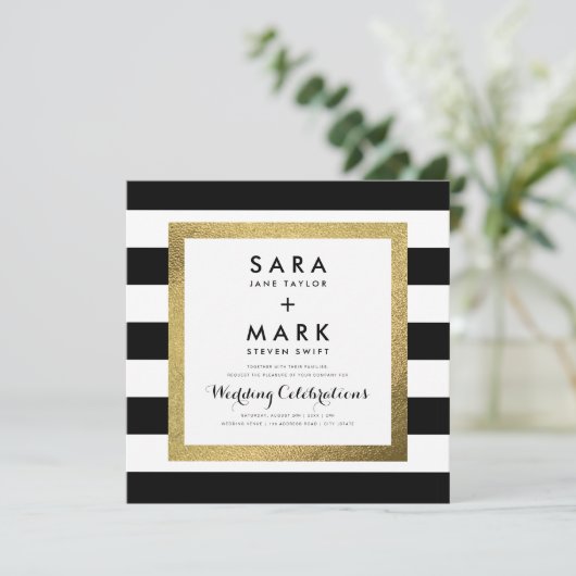 Zwart & Wit Strepen met Gouden Folie Bruiloft Kaart (Staand voorkant)