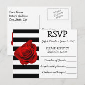 Zwart & Wit Strepen met Rode Rose Bruiloft RSVP Uitnodiging Briefkaart (Voorkant / Achterkant)