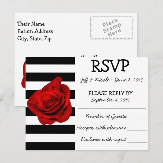 Zwart & Wit Strepen met Rode Rose Bruiloft RSVP Uitnodiging Briefkaart (Voorkant / Achterkant)