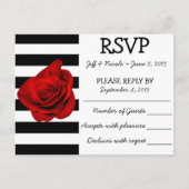 Zwart & Wit Strepen met Rode Rose Bruiloft RSVP Uitnodiging Briefkaart (Voorkant)