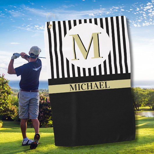 Zwart-wit Strepen Monogram Naam Golfhanddoek
