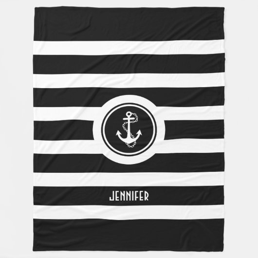 Zwart & Wit Strepen Nautisch Anker Fleece Deken (Voorkant)