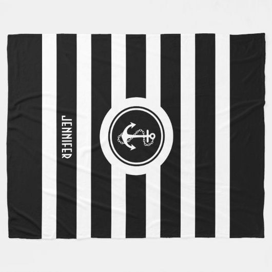 Zwart & Wit Strepen Nautisch Anker Fleece Deken (Voorkant (Horizontaal))