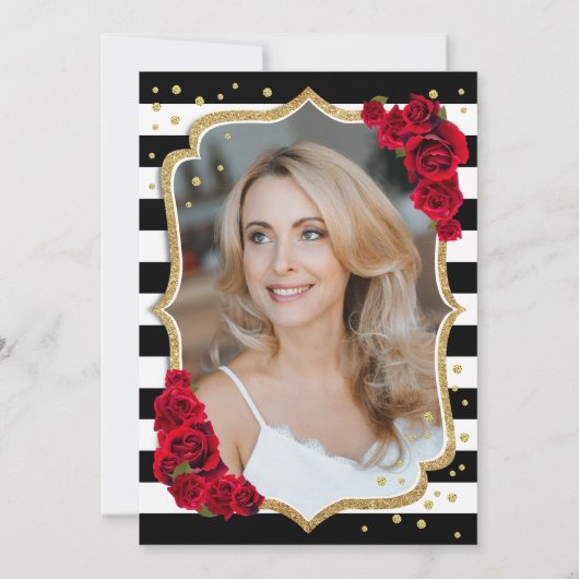 Zwart wit strepen rode rozen foto 50e verjaardag kaart (Achterkant)