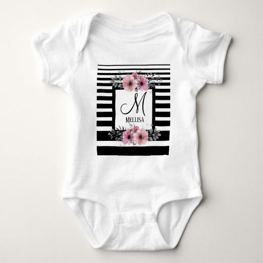 Zwart & Wit Strepen Roze Bloem Motief Monogram Romper (Voorkant)