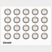 Zwart wit strepen & roze bloemen moderne bruiloft ronde sticker (Vel)