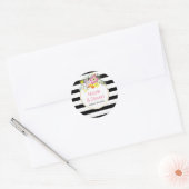 Zwart wit strepen & roze bloemen moderne bruiloft ronde sticker (Envelop)