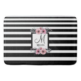 Zwart & Wit Strepen Roze Bloemen Monogram Badmat