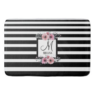 Zwart & Wit Strepen Roze Bloemen Monogram Badmat