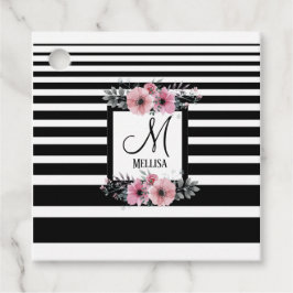 Zwart & Wit Strepen Roze Bloemen Monogram Bedankjes Labels