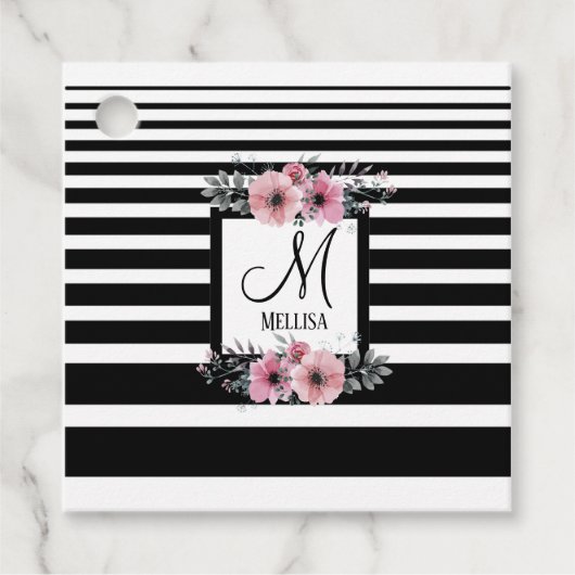 Zwart & Wit Strepen Roze Bloemen Monogram Bedankjes Labels (Voorkant)