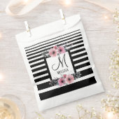 Zwart & Wit Strepen Roze Bloemen Monogram Bedankzakje (Geknipt)