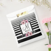 Zwart & Wit Strepen Roze Bloemen Monogram Bedankzakje (Gezegeld)