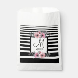 Zwart & Wit Strepen Roze Bloemen Monogram Bedankzakje