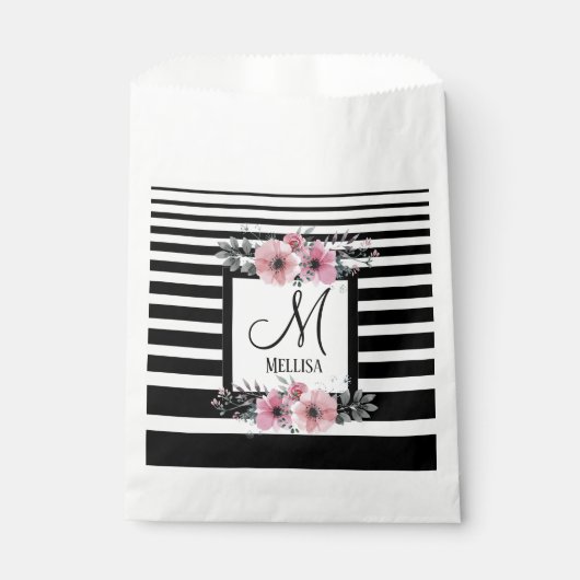 Zwart & Wit Strepen Roze Bloemen Monogram Bedankzakje (Voorkant)