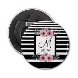 Zwart & Wit Strepen Roze Bloemen Monogram Button Flesopener