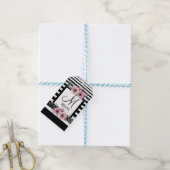 Zwart & Wit Strepen Roze Bloemen Monogram Cadeaulabel (Met Touw)