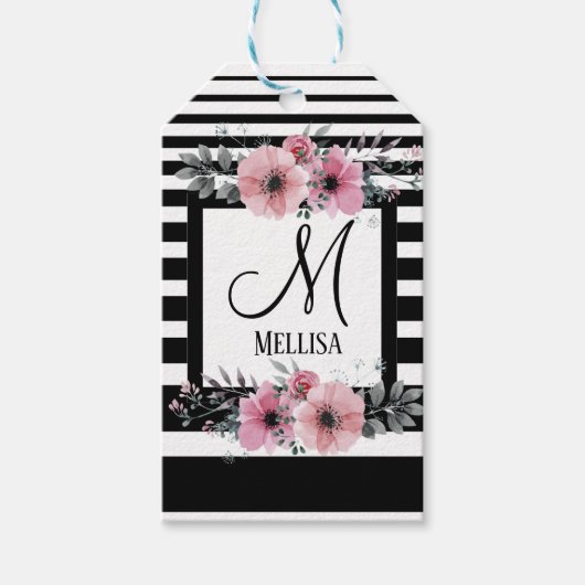Zwart & Wit Strepen Roze Bloemen Monogram Cadeaulabel (Voorkant)