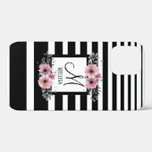 Zwart & Wit Strepen Roze Bloemen Monogram Case-Mate iPhone Case (Achterkant (horizontaal))