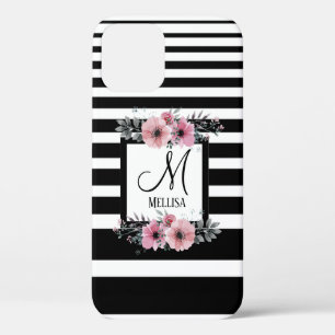 Zwart & Wit Strepen Roze Bloemen Monogram Case-Mate iPhone Case