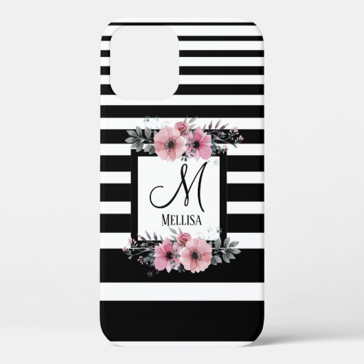 Zwart & Wit Strepen Roze Bloemen Monogram Case-Mate iPhone Case (Achterkant)