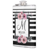 Zwart & Wit Strepen Roze Bloemen Monogram Heupfles (Links)