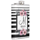 Zwart & Wit Strepen Roze Bloemen Monogram Heupfles (Rechts)