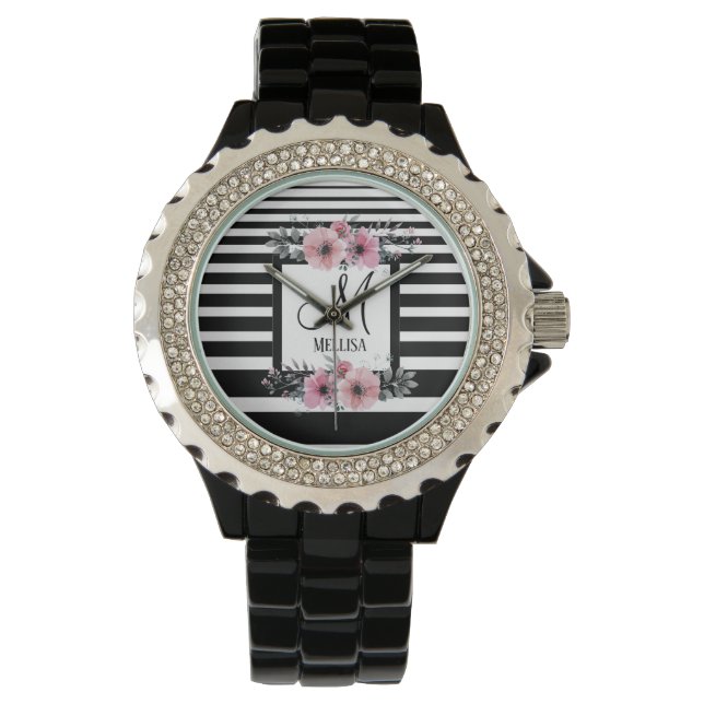 Zwart & Wit Strepen Roze Bloemen Monogram Horloge (Voorkant)