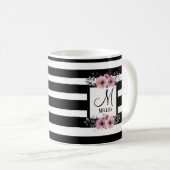 Zwart & Wit Strepen Roze Bloemen Monogram Koffiemok (Voorkant rechts)