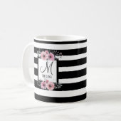 Zwart & Wit Strepen Roze Bloemen Monogram Koffiemok (Voorkant links)