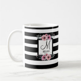 Zwart & Wit Strepen Roze Bloemen Monogram Koffiemok