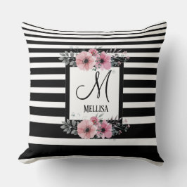 Zwart & Wit Strepen Roze Bloemen Monogram Kussen