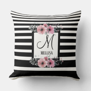 Zwart & Wit Strepen Roze Bloemen Monogram Kussen
