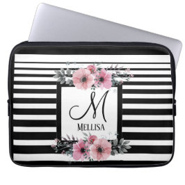 Zwart & Wit Strepen Roze Bloemen Monogram Laptop Sleeve