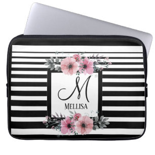 Zwart & Wit Strepen Roze Bloemen Monogram Laptop Sleeve