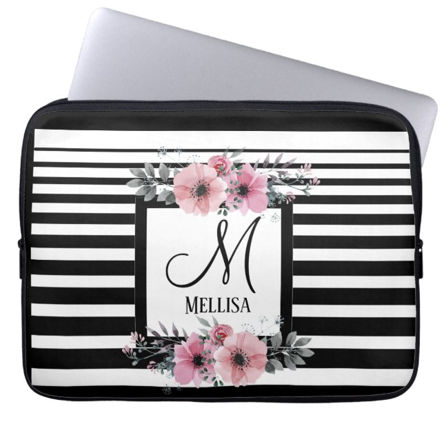 Zwart & Wit Strepen Roze Bloemen Monogram Laptop Sleeve (Voorkant)
