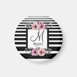 Zwart & Wit Strepen Roze Bloemen Monogram Magneet