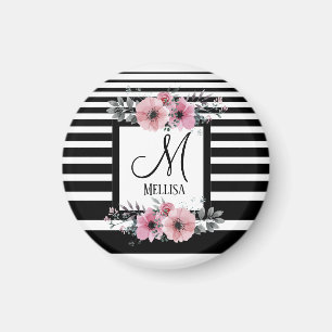Zwart & Wit Strepen Roze Bloemen Monogram Magneet