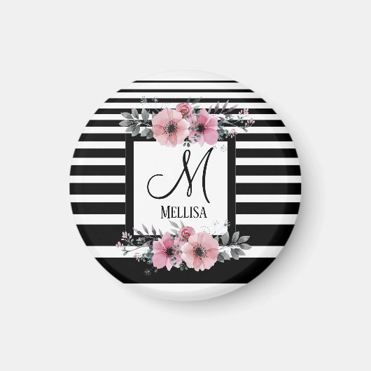 Zwart & Wit Strepen Roze Bloemen Monogram Magneet (Voorkant)