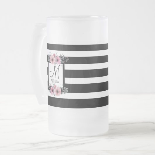 Zwart & Wit Strepen Roze Bloemen Monogram Matglas Bierpul (Voorkant links)