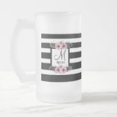 Zwart & Wit Strepen Roze Bloemen Monogram Matglas Bierpul (Links)