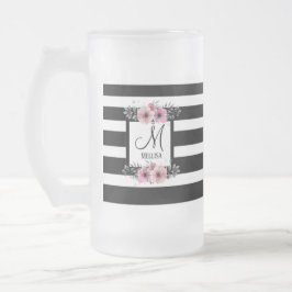 Zwart & Wit Strepen Roze Bloemen Monogram Matglas Bierpul